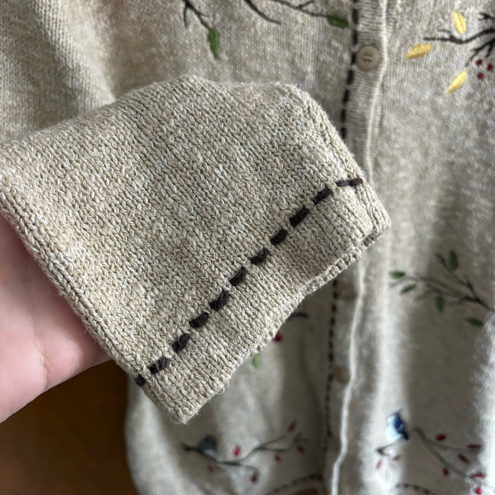 VINTAGE Embroidered Bird Oatmeal Button Down Cardigan Sweater 1X Slouchy Artsy - Picture 13 of 14
